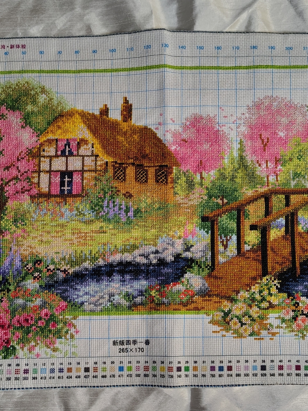 Completed Handmade Spring Landscape Cross Stitch Panel | Cottagecore Art